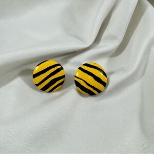 Vintage fabric earrings in yellow and black with tiger design. For pierced ears.